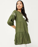 Olive Tie-Up Neck Embroidered Detail Cotton Tunic