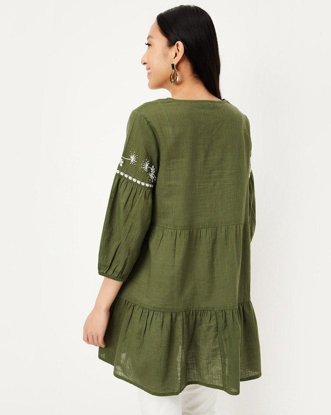 Olive Tie-Up Neck Embroidered Detail Cotton Tunic