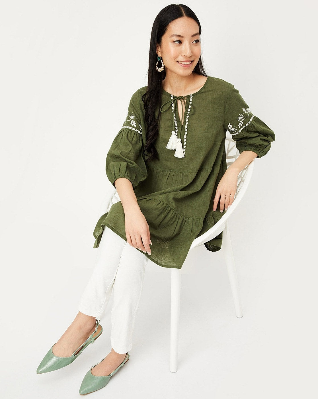 Olive Tie-Up Neck Embroidered Detail Cotton Tunic