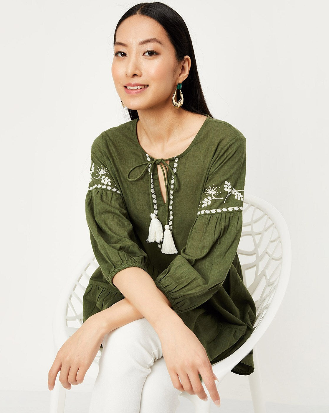 Olive Tie-Up Neck Embroidered Detail Cotton Tunic