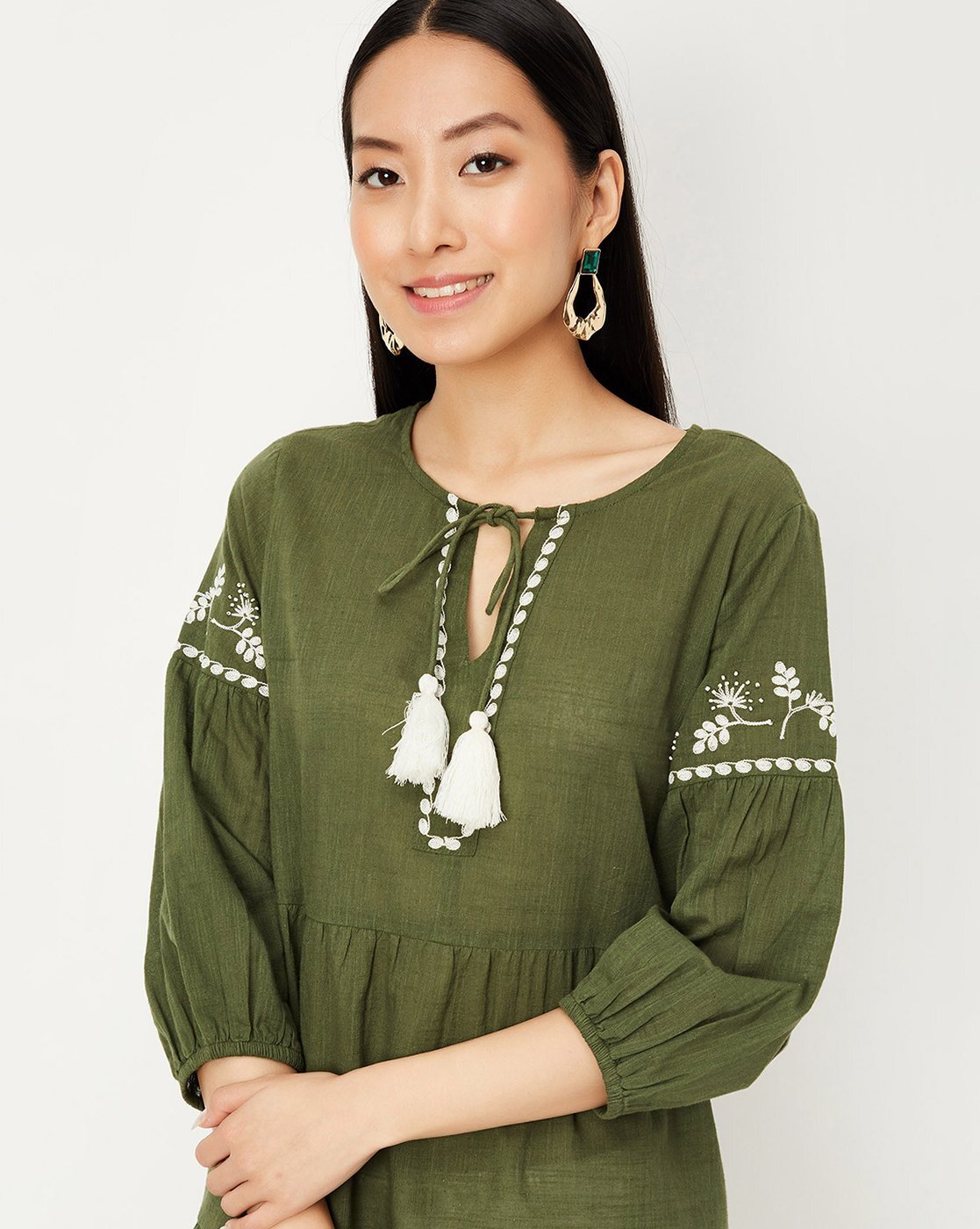 Olive Tie-Up Neck Embroidered Detail Cotton Tunic