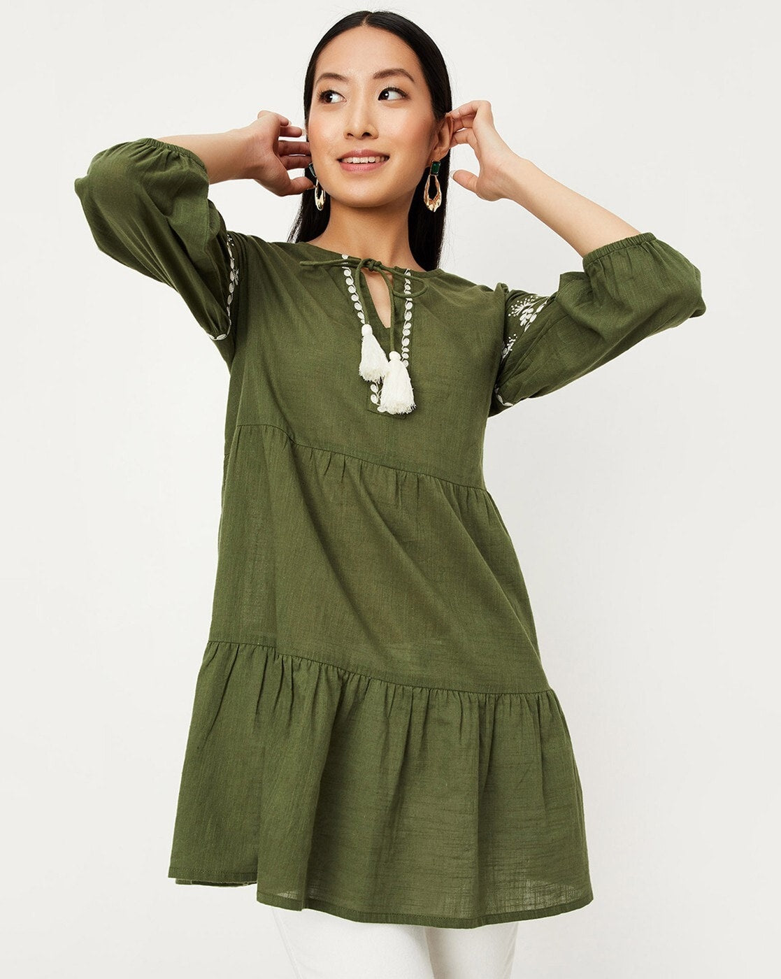 Olive Tie-Up Neck Embroidered Detail Cotton Tunic