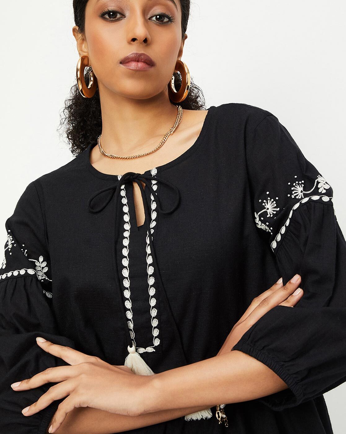 Embroidered Tunic with Neck Tie-Up