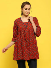 Women Cotton Maroon Floral Print Tunic