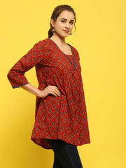 Women Cotton Maroon Floral Print Tunic