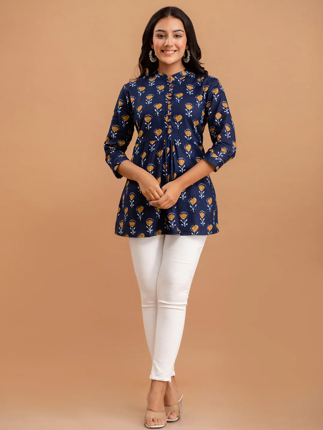 Floral Printed Pure Cotton Pleated A-Line Kurti