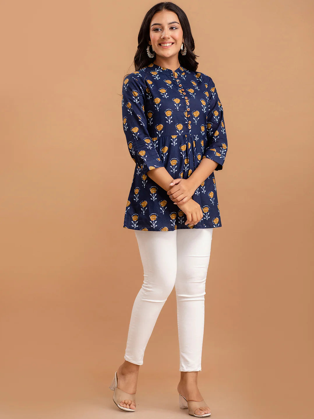 Floral Printed Pure Cotton Pleated A-Line Kurti