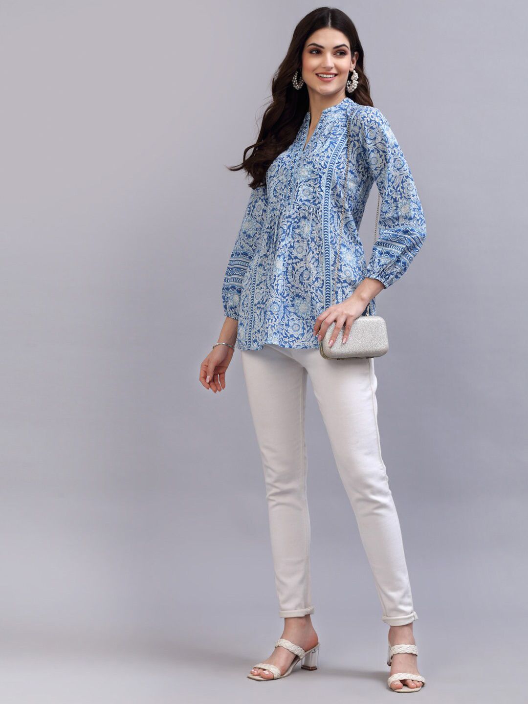 Blue Print Mandarin Collar Empire Pure Cotton Longline Top