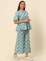 Women Blue and White Printed Gather Details CO-ord Set