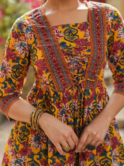 Women Mustard Floral Printed Pure Cotton Empire Tops