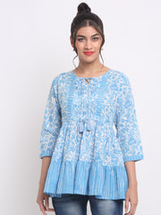 Floral Printed Tie-Up Neck Pleated Sequinned A-Line Cotton Tunic