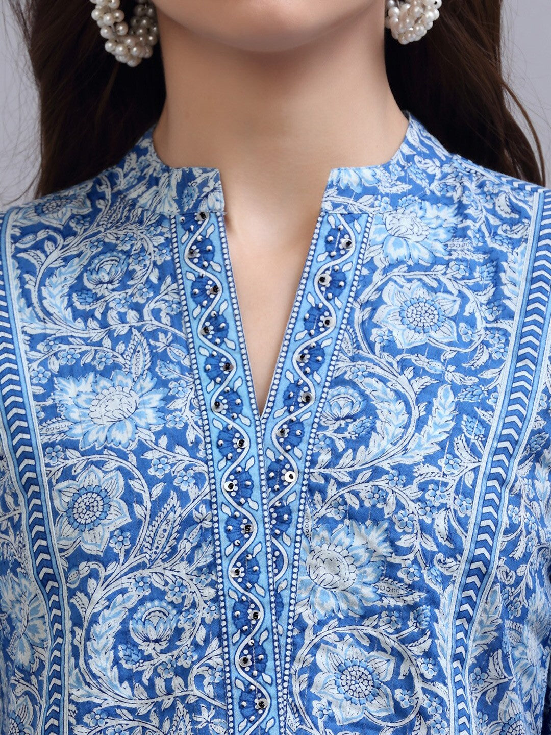 Blue Print Mandarin Collar Empire Pure Cotton Longline Top