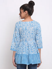 Floral Printed Tie-Up Neck Pleated Sequinned A-Line Cotton Tunic