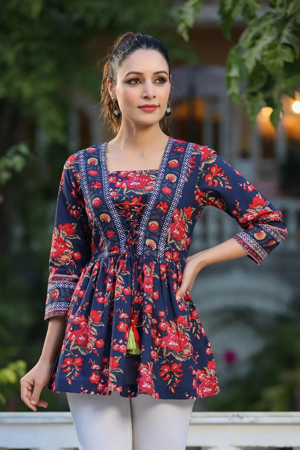 Women Navy Blue And Red Floral Printed Empire Cotton Tops