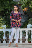 Women Navy Blue And Red Floral Printed Empire Cotton Tops