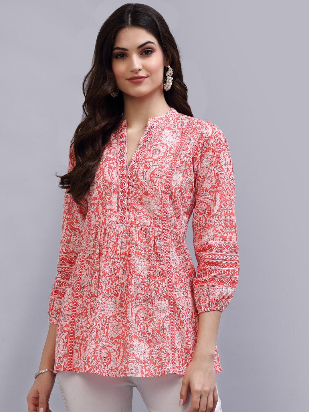 Coral & White Floral Print Mandarin Collar Pure Cotton Empire Top