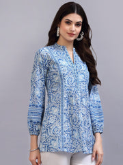 Blue Print Mandarin Collar Empire Pure Cotton Longline Top