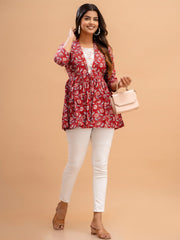 Floral Printed Shirt Collar Pure Cotton Pleated Kurti