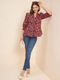 Printed Mandarin Collar Puff Sleeves Gathered Pure Cotton Top