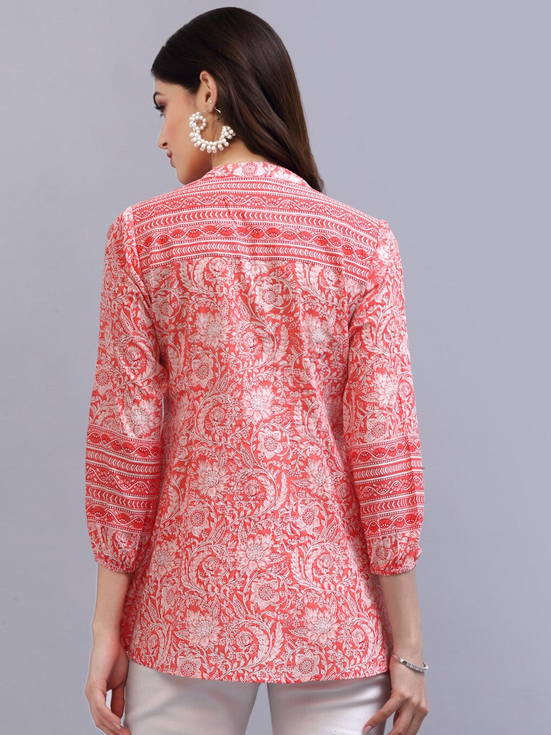 Coral & White Floral Print Mandarin Collar Pure Cotton Empire Top