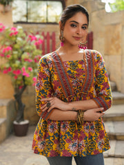Women Mustard Floral Printed Pure Cotton Empire Tops