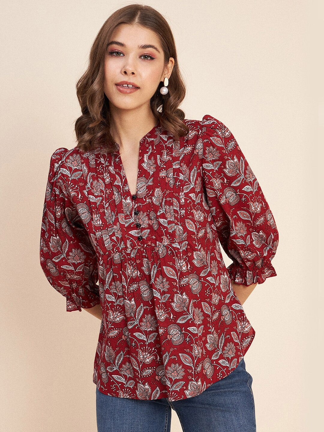 Printed Mandarin Collar Puff Sleeves Gathered Pure Cotton Top