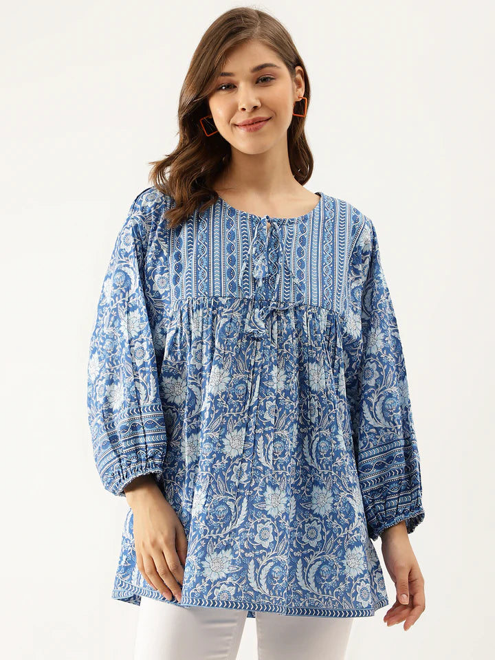 Blue Printed Cotton Peplum top