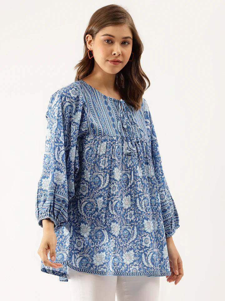 Blue Printed Cotton Peplum top