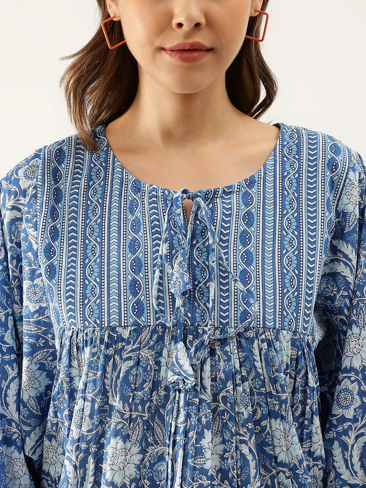 Blue Printed Cotton Peplum top