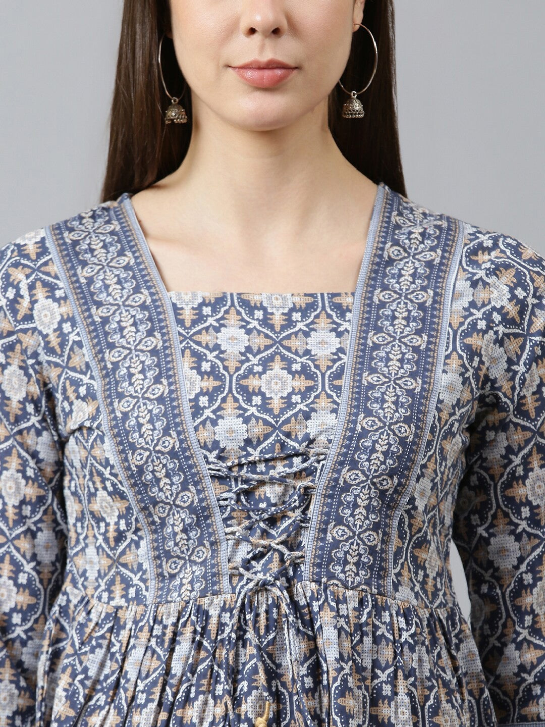 Navy Blue Geometric Printed Pure Cotton Regular Top