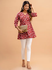Floral Printed V-Neck Pure Cotton A-Line Kurti