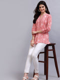 Coral & White Floral Print Mandarin Collar Pure Cotton Empire Top