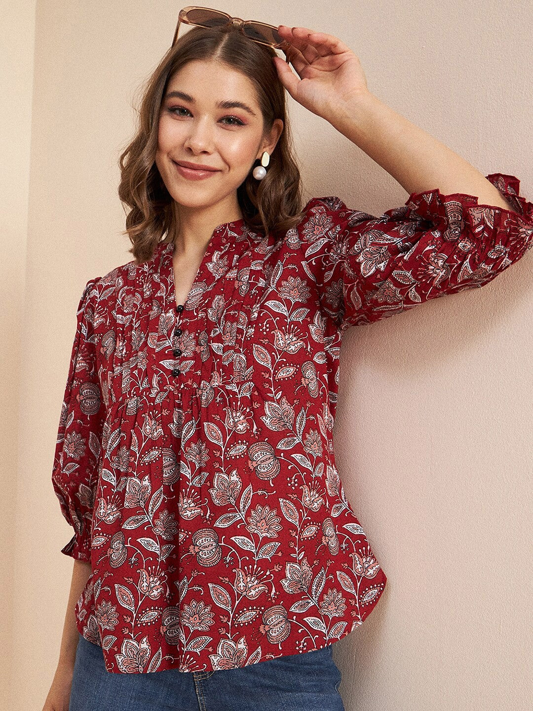 Printed Mandarin Collar Puff Sleeves Gathered Pure Cotton Top