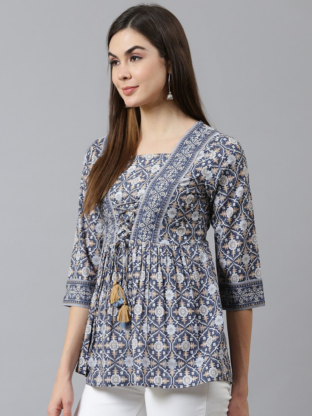 Navy Blue Geometric Printed Pure Cotton Regular Top