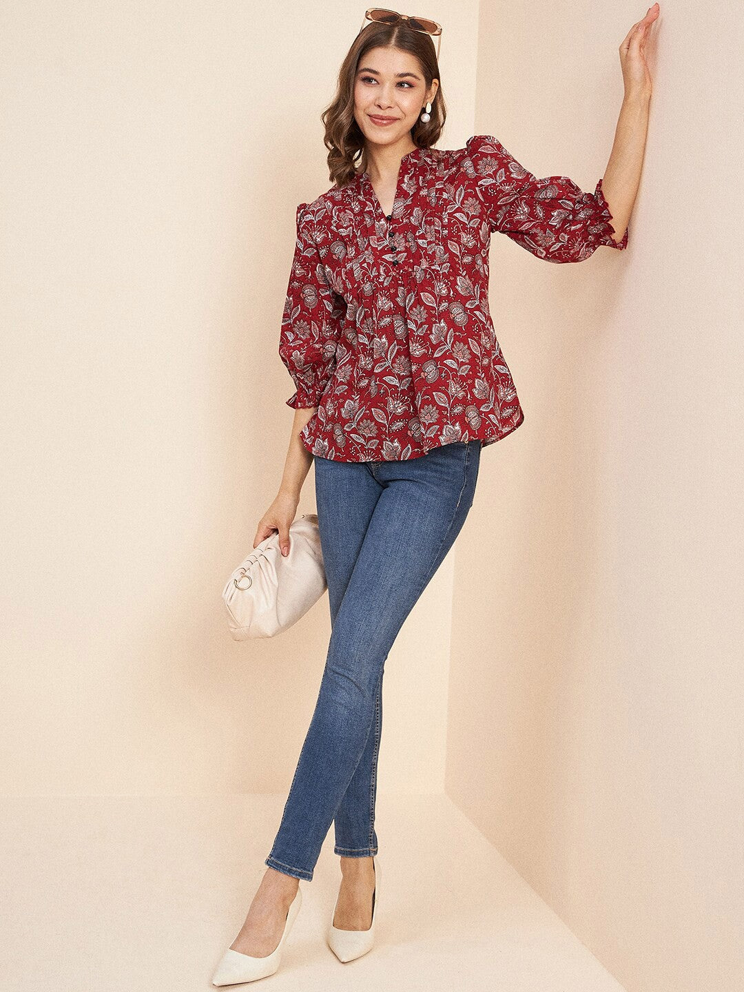 Printed Mandarin Collar Puff Sleeves Gathered Pure Cotton Top